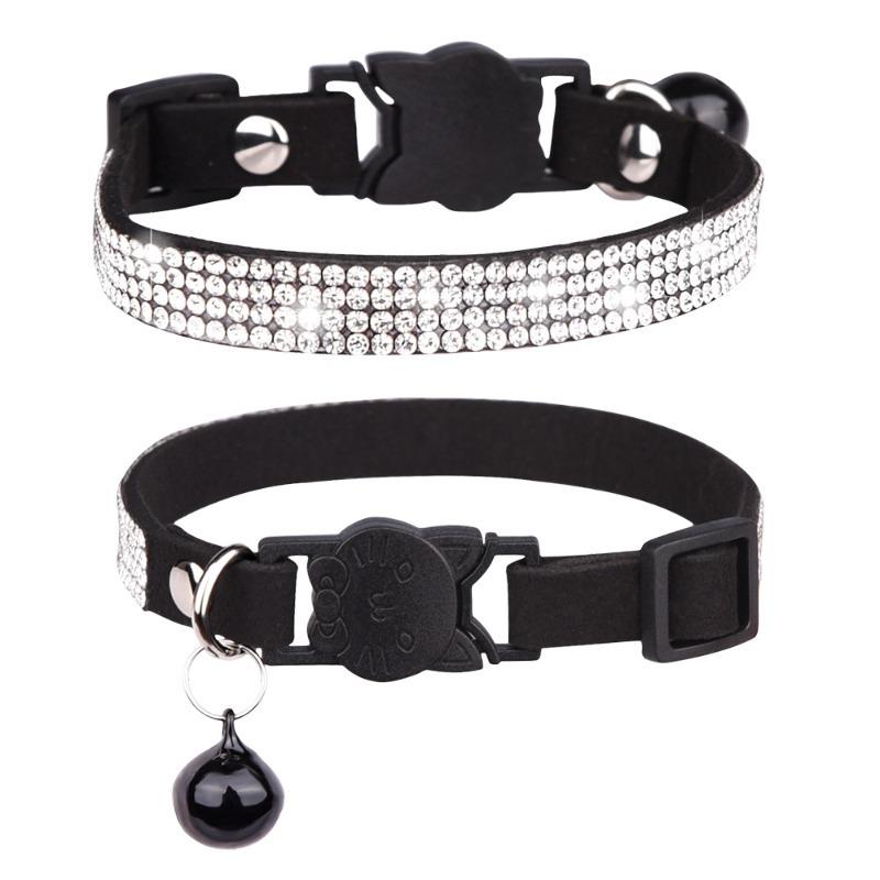 Pet Collar Shiny Rhinestone Color Anti-bridle Suede Soft and Comfortable Bell Style Cat Leash Collar