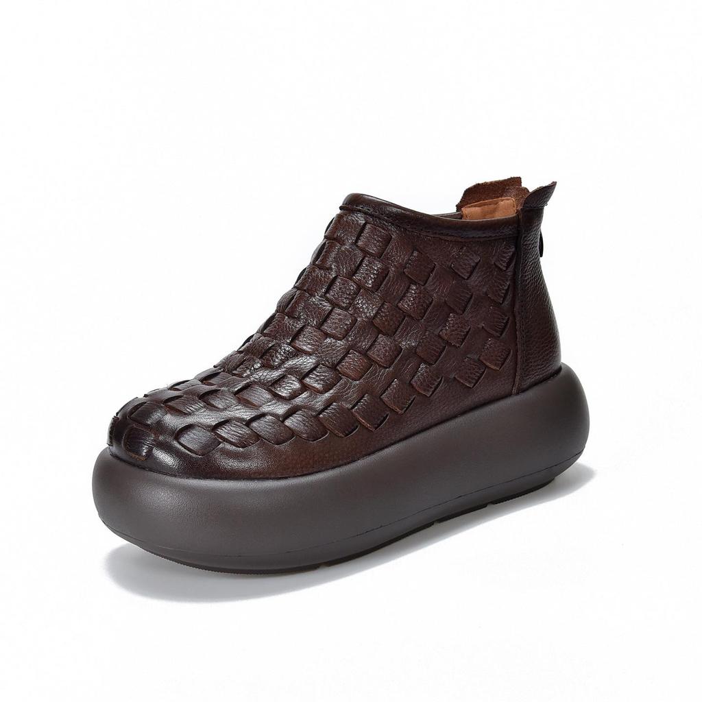 Women's Retro Handmade Genuine Leather Platform Ankle Boots - 2025 Design, Knitted Thick Sole, First Layer Cowhide Cotton Boots