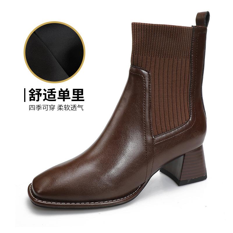 

Британский стиль 2024 новые женские сапоги на толстом каблуке с квадратным носком короткие сапоги на высоком каблуке мягкие кожаные сапоги эластичные сапоги на среднем каблуке весна и осень поют 34 коричневый