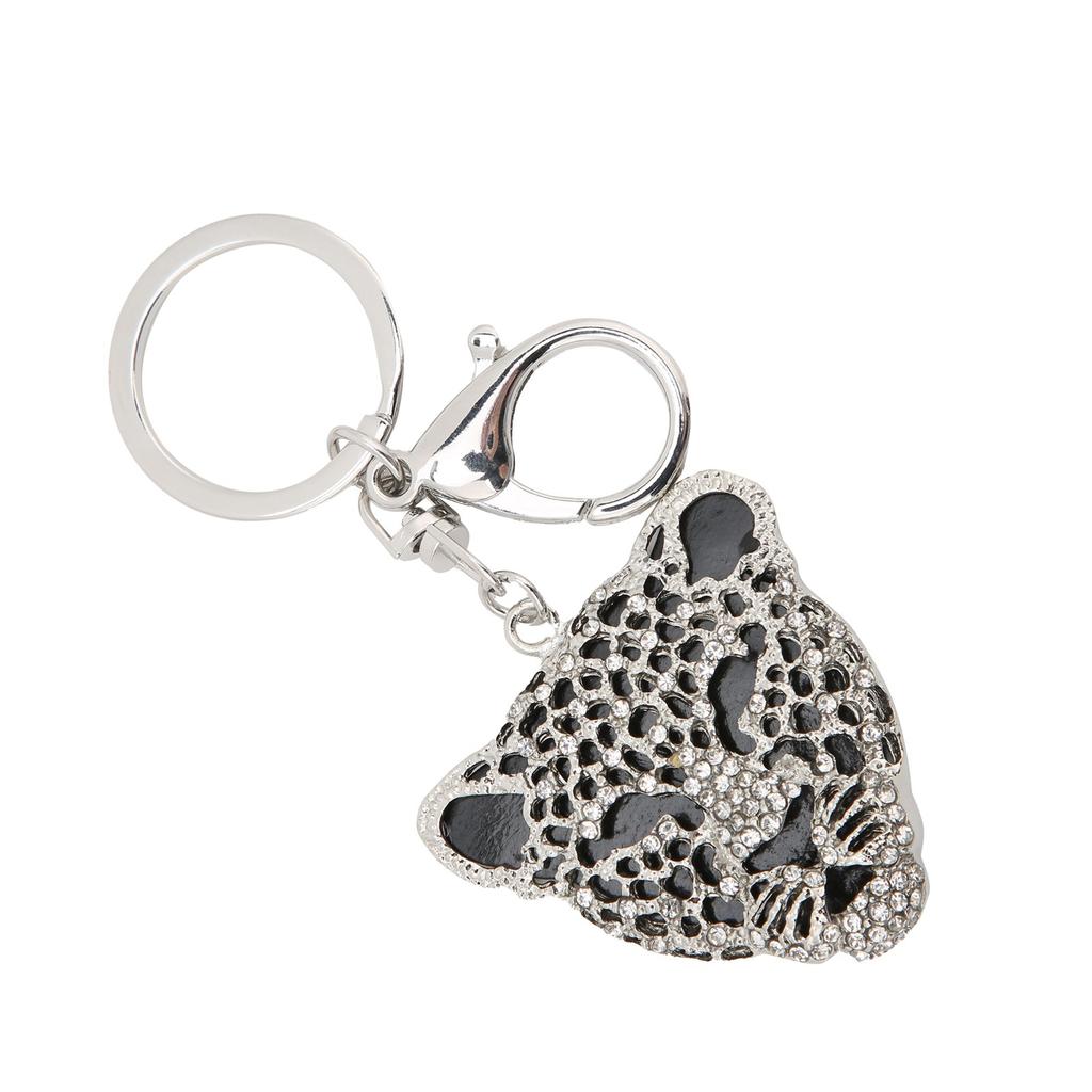 Keychain Exquisite RhinestoneEncrusted Leopard Head Car Bag Pendant for Girl Birthday Gift(Silver )