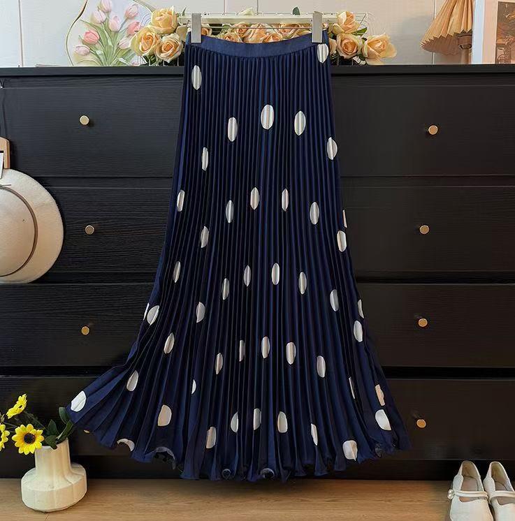Elegant Polka Dot A-Line Pleated Long Skirt for Women - Autumn Casual Slim Fit