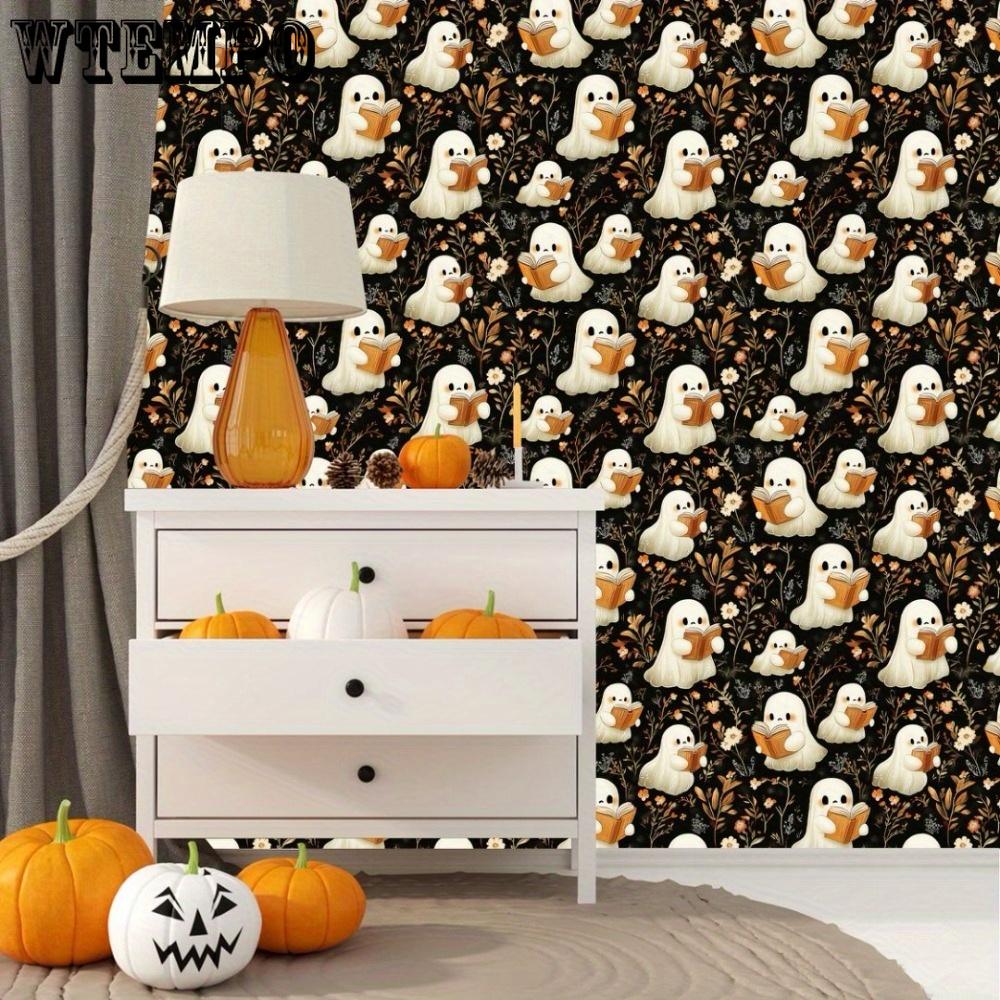 2pcs Halloween Self-Adhesive Wall Stickers Removable Cute Ghosts Wallpaper Dark Style Peel and Stick Wallpaper with Flower Halloween Themed Wallpaper