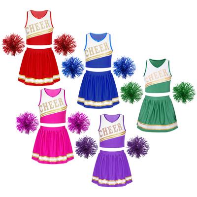 Kinder-Mädchen-Cheerleading-Outfit-Set, ärmelloses Crop-Top mit V-Ausschnitt, Rock und Blumenbällen