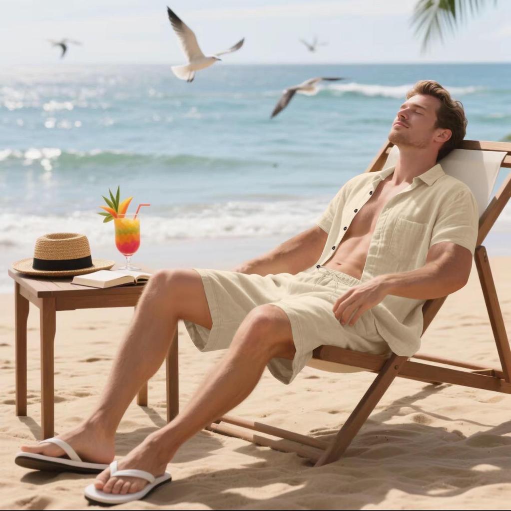 Men's Summer Linen Short-Sleeve Shirt & Shorts Set - Casual Loose Fit, Cotton-Linen Fabric.