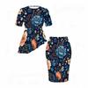 Women Plus Size Navy Blue Floral Printed Two Piece Skirt Set Round Neck Short Sleeve Asymmetric Top Fitted Skirt