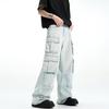 Unisex Light Wash Wide-Leg Workwear Jeans with Multi-Pocket Heavy-Duty Design