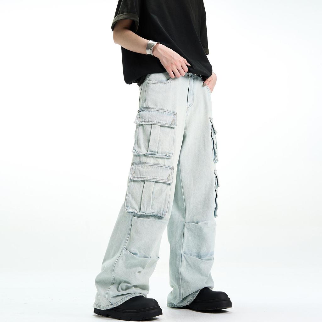 Unisex Light Wash Wide-Leg Workwear Jeans with Multi-Pocket Heavy-Duty Design