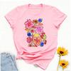 Exotic Tropical Fruit Floral Pattern Hibiscus Papaya Watermelon Lime Cherry Blueberry Chili Pepper White Crew Neck Short Sleeve