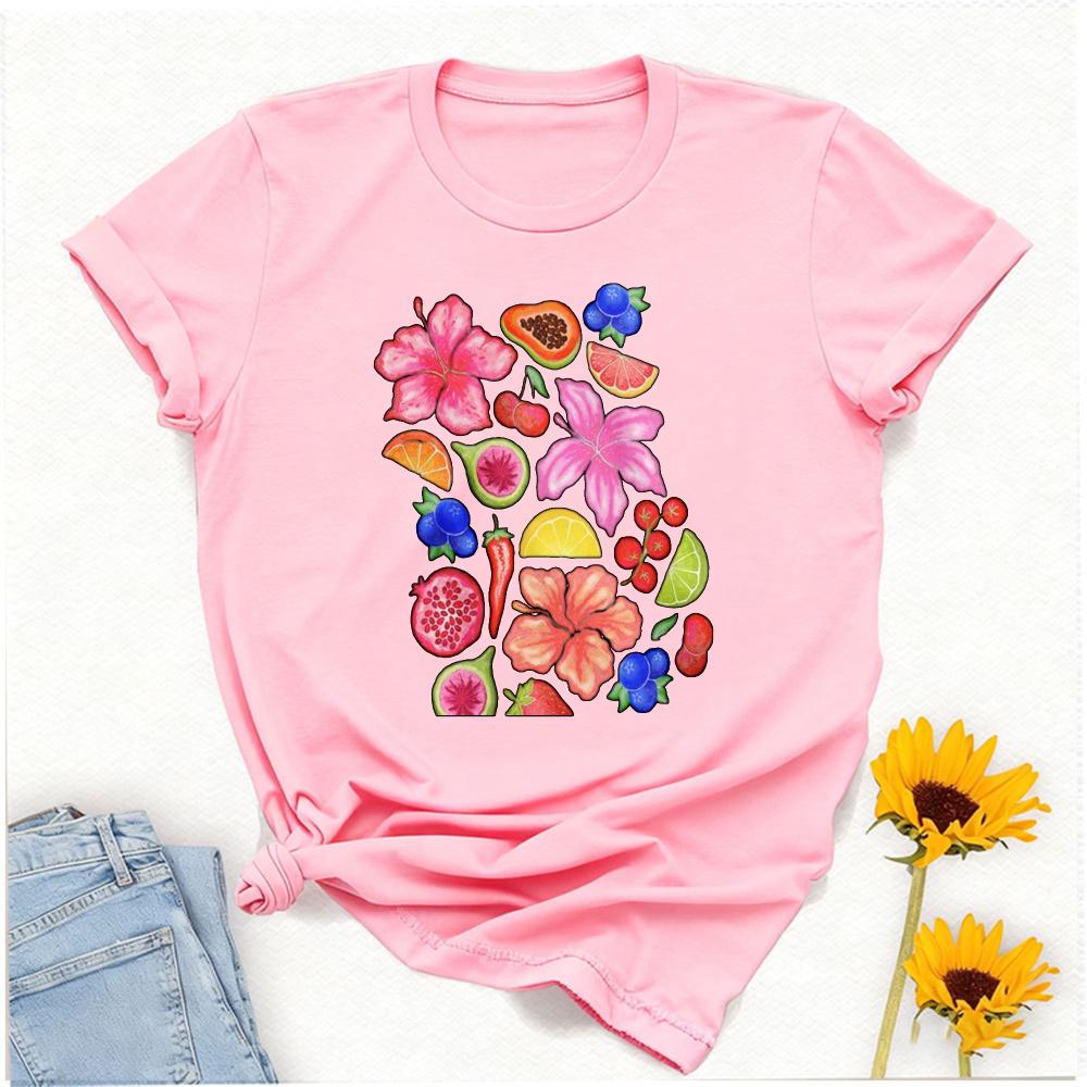 Exotic Tropical Fruit Floral Pattern Hibiscus Papaya Watermelon Lime Cherry Blueberry Chili Pepper White Crew Neck Short Sleeve