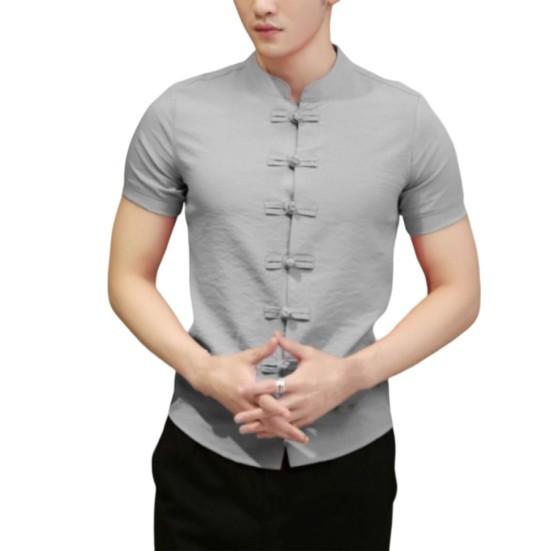 Men Summer Shirt Stand Collar Short Sleeve Solid Color Slim Fit Knot Buttons Daily Wear Chinese Traditional Clothes Vintage Chinese Style Men Top Men
