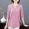 Women Stand Collar Three Quarter Sleeve Button Down Shirt Pleated Front Casual Blouse