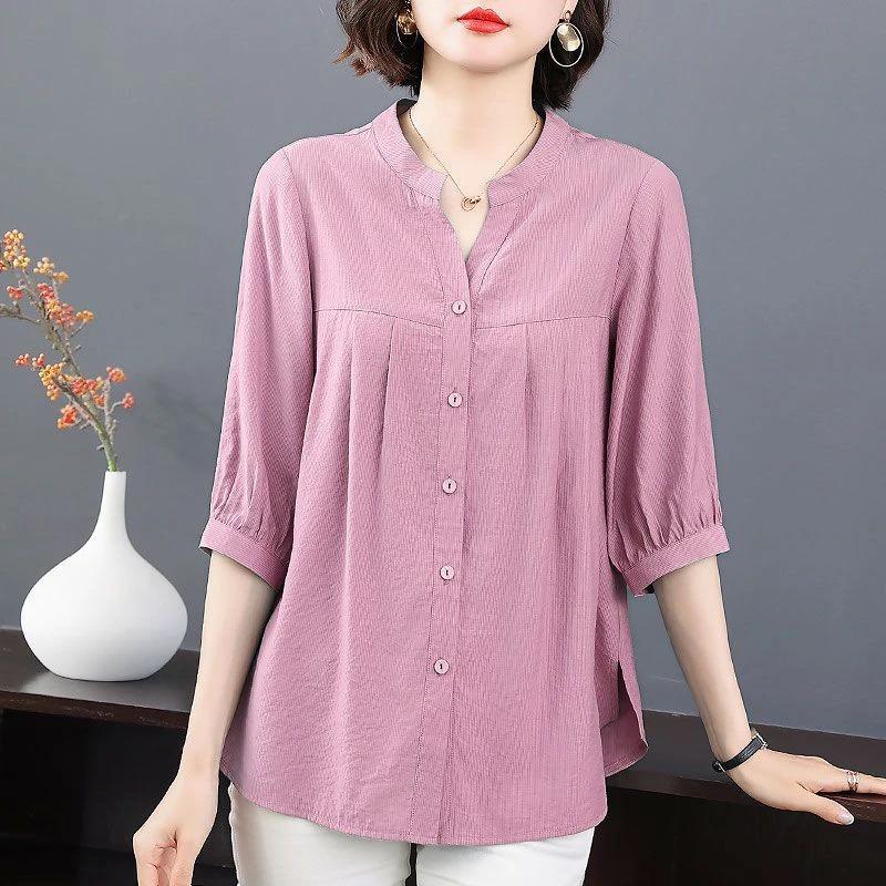 

women stand collar three quarter sleeve button down shirt pleated front casual blouse L фиолетовый