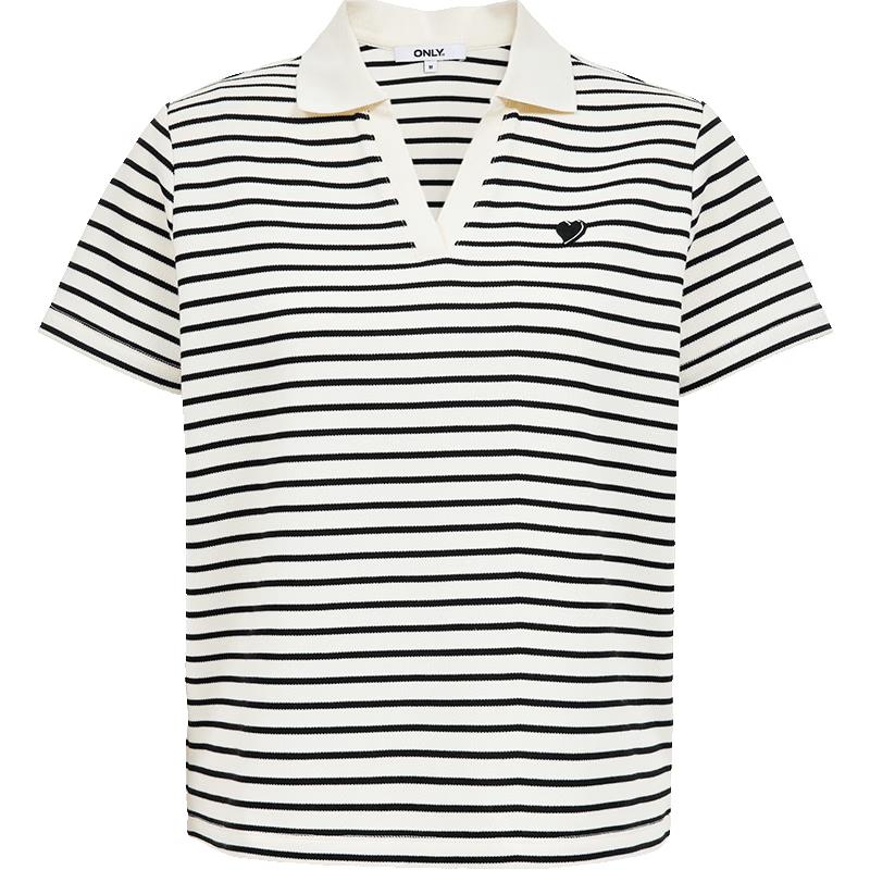 ONLY Women s Heart Embroidered Striped Lapel T-shirt M