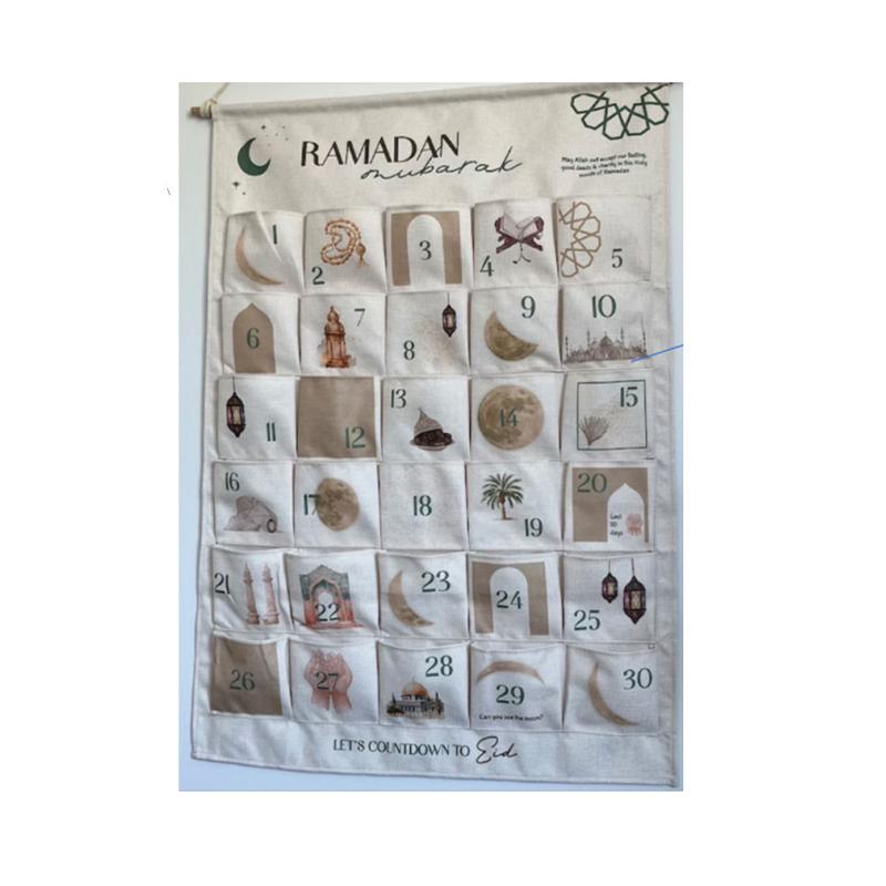 Ramadan Decor Canvas Countdown 30 Day Advent Calendar Bag For Muslim Islamic Kid Boy Girl Ramadan Decor Hanging Organizer