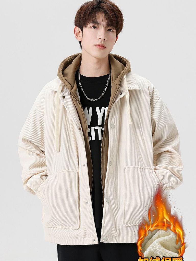 Japanese Trendy Corduroy Hooded Jacket with Fleece Lining: Autumn/Winter Hong Kong Style for Men