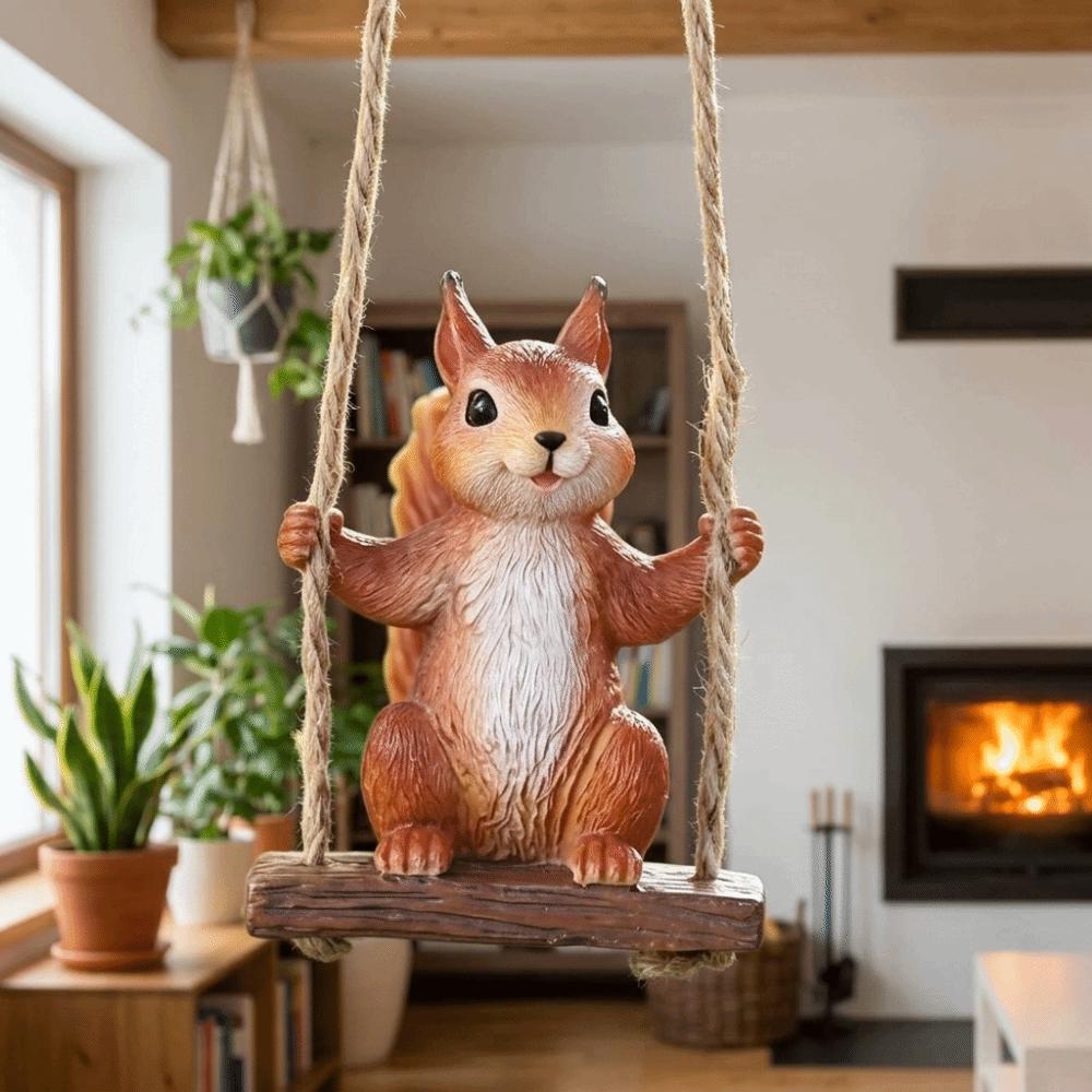 Resin Squirrel On Swing Weatherproof Squirrel Figurine Garden Decoration Indoor