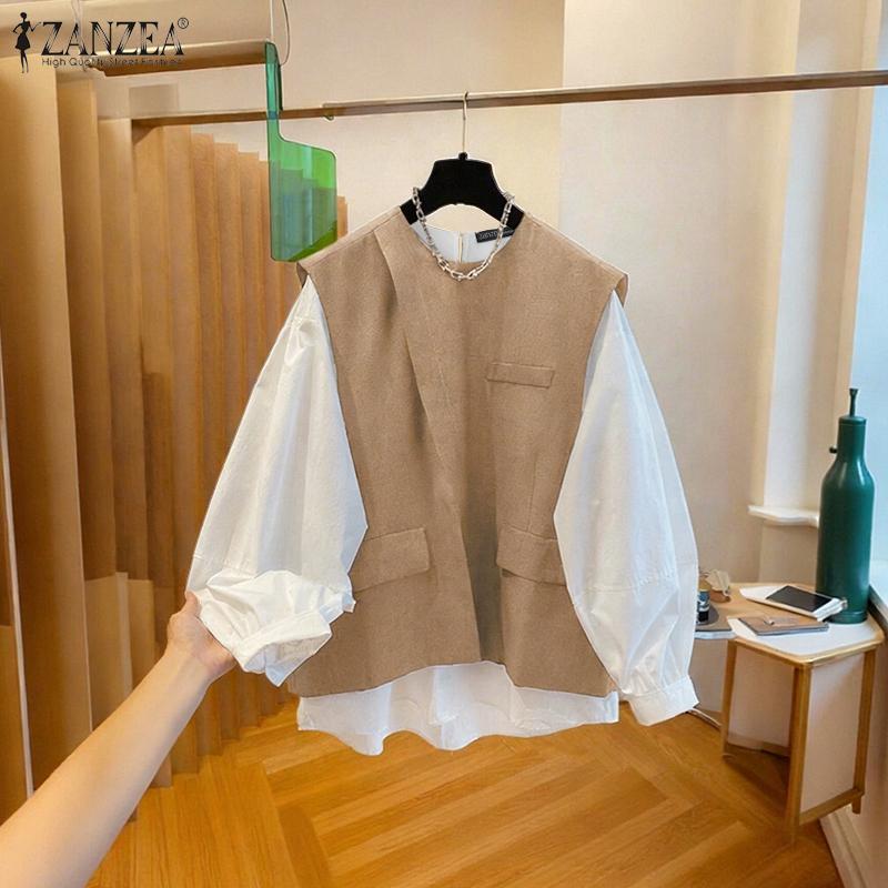 ZANZEA Blusa Casual de Manga Larga con Cuello Redondo para Mujer