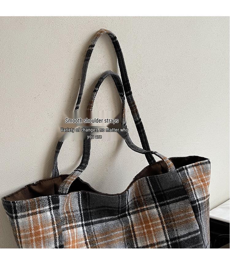 Korean Style Plaid Woolen Tote Bag - Large Capacity & Versatile for Winter 2025
