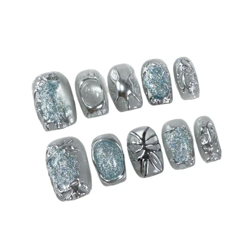 10Pcs Cat Eye False Nails Short Square Handmade Fake Nails Irregular Metal Press on Nails Silver Glitter Design Sweet Cool Girls