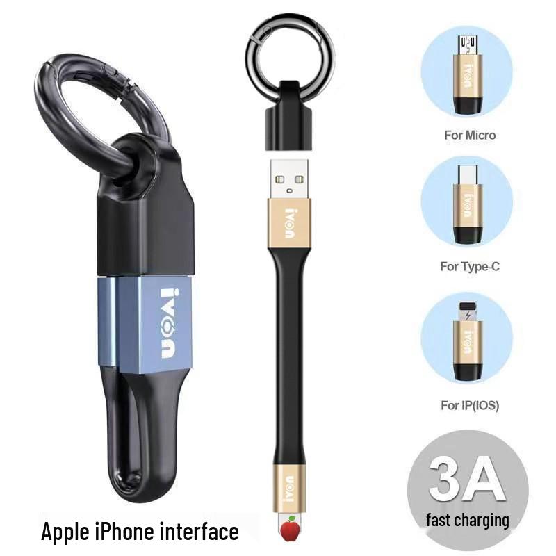 Portable 3-in-1 Keychain Charger: Short Fast Charging Cable for Apple, Android, Type-C Phones.
