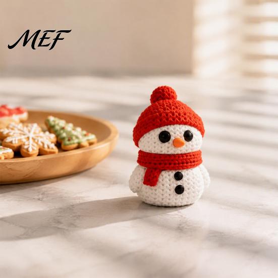 Festive Snowman Decor 3D Printed Knitted Figurine, Christmas Statue with Red Knit Home Hat and Scarf, Mini Sculpture for Holiday Desk Decoration