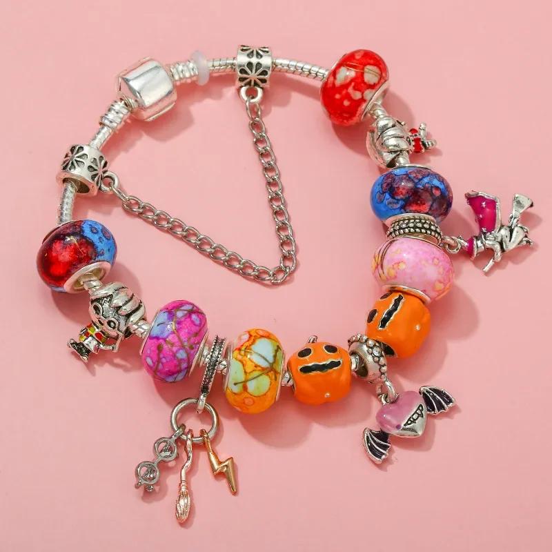 Colors Enamel Disney Princess Dress Charms Pulseiras for Girls Colorful Glass Beads Bracelets&Bangles Women Cartoon Skirt Dangle