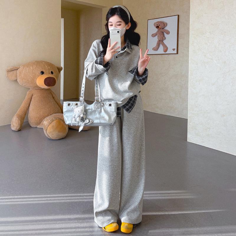 2026 Spring Maternity Loose Fashion Retro Patchwork Shirt & Hoodie Set XL