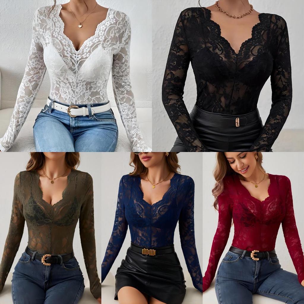 2024 Autumn/Winter Floral Lace Fan-Shaped Blouse for Women