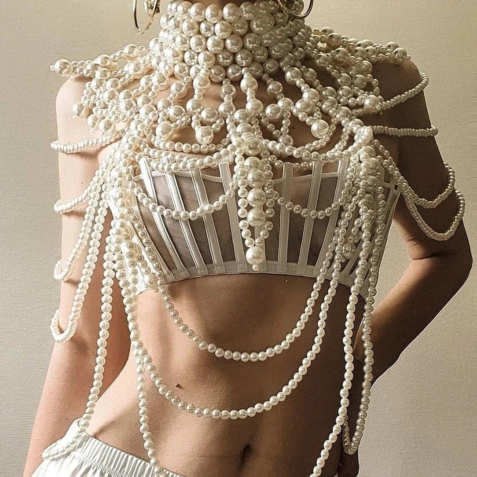 Reggiseno sexy da donna con catena di perle, taglia regolabile, scialle, collane, colletto, spalle, top alla moda, collane a catena, gioielli per il corpo