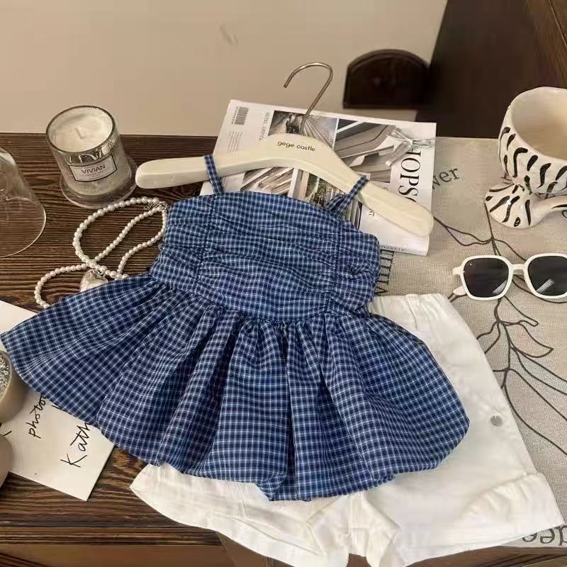 Girls Summer Fashion Plaid Camisole And Shorts Set Kids Stylish Casual Two Piece Outfit For Children 90cm