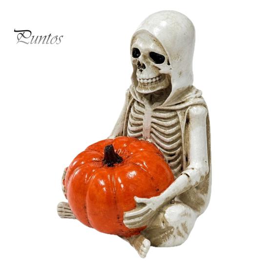 Fine Texture Skull Statue Skeleton Holding Pumpkin Figurine, Resin Grim Reaper Statue, Halloween Dark Decor Spooky Shelf Table Ornament, Trick
