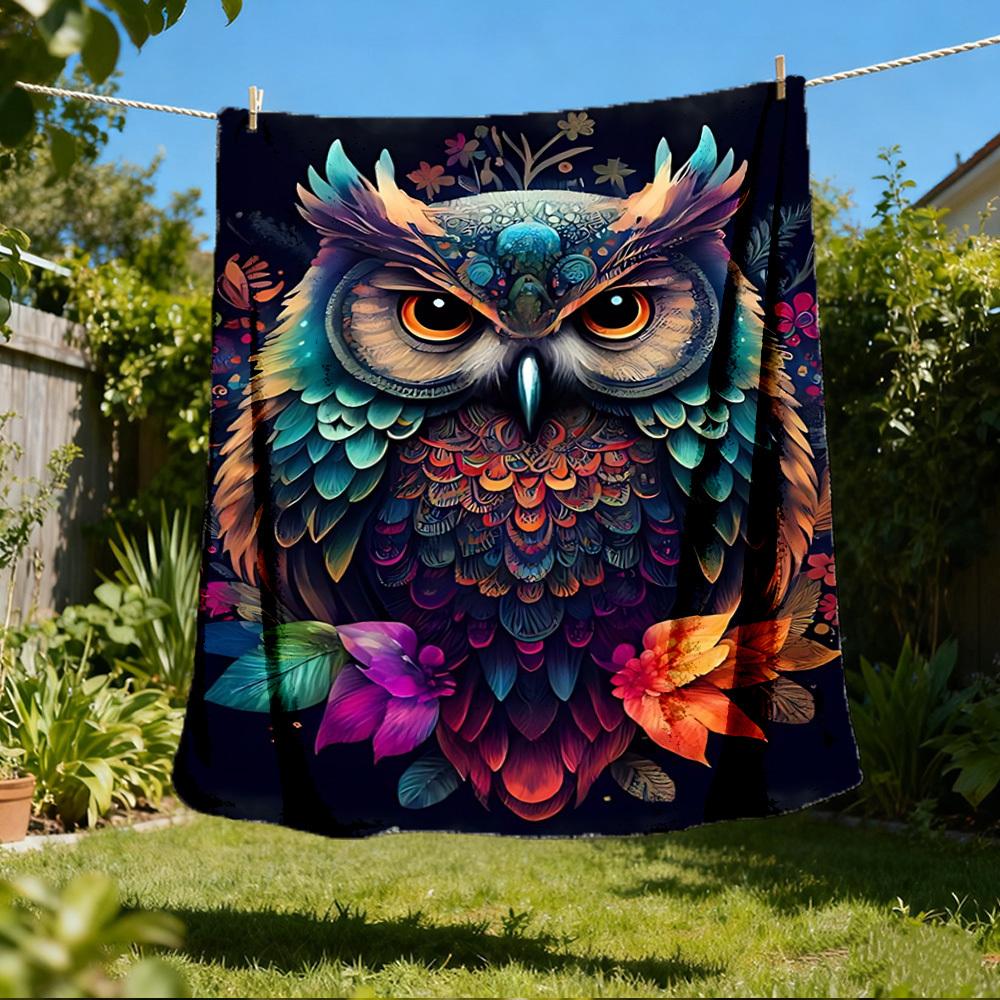 1pc Colorful Owl Print Outdoor Flannel Blanket, Cozy & Warm Soft Te Playful Design, Napping Camping,
