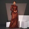 Cross-Border European and American Evening Dress with Long Sleeves, Elegant Round Neck, Sexy Slim Fit, Long Sequined Party Bridesmaid Dress for Women