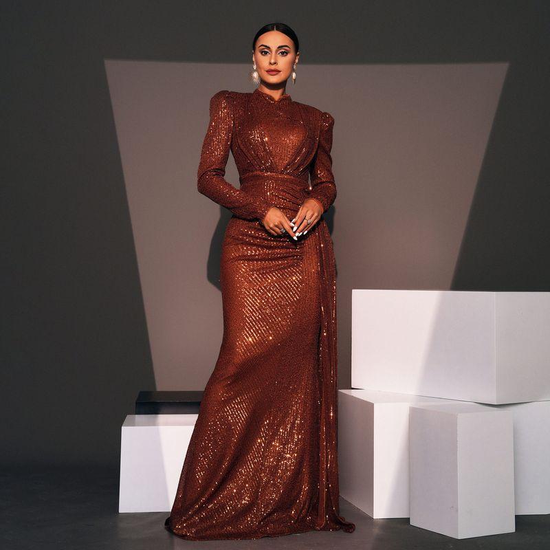 Cross-Border European and American Evening Dress with Long Sleeves, Elegant Round Neck, Sexy Slim Fit, Long Sequined Party Bridesmaid Dress for Women