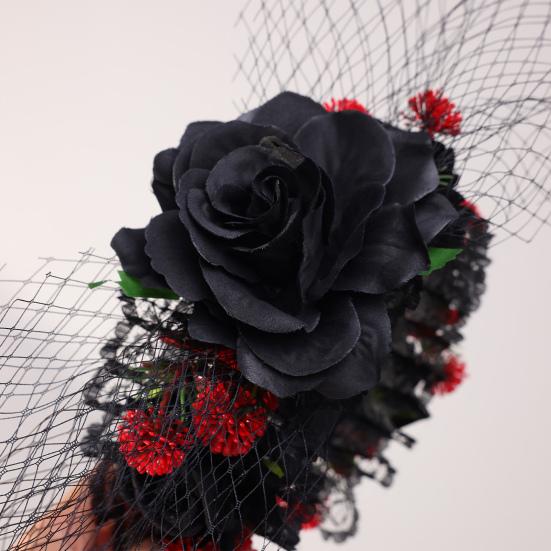 Halloween Rose Flower Headband for Women Gothic Black Lace Red Rose Hairbands Lolita Lace
