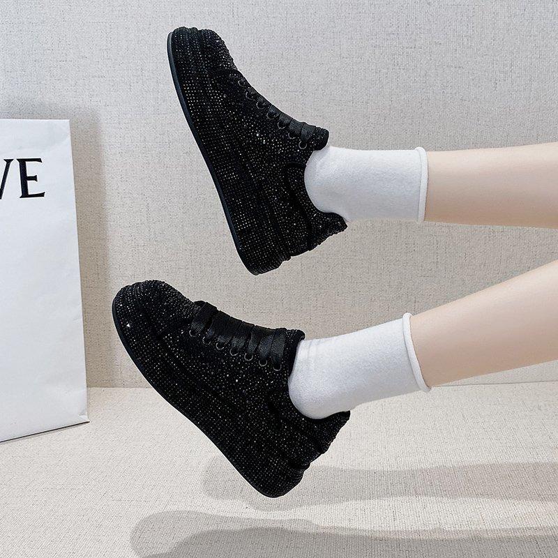 Small black shoes women's winter casual flat shoes women's rhinestone full diamond student board shoes women