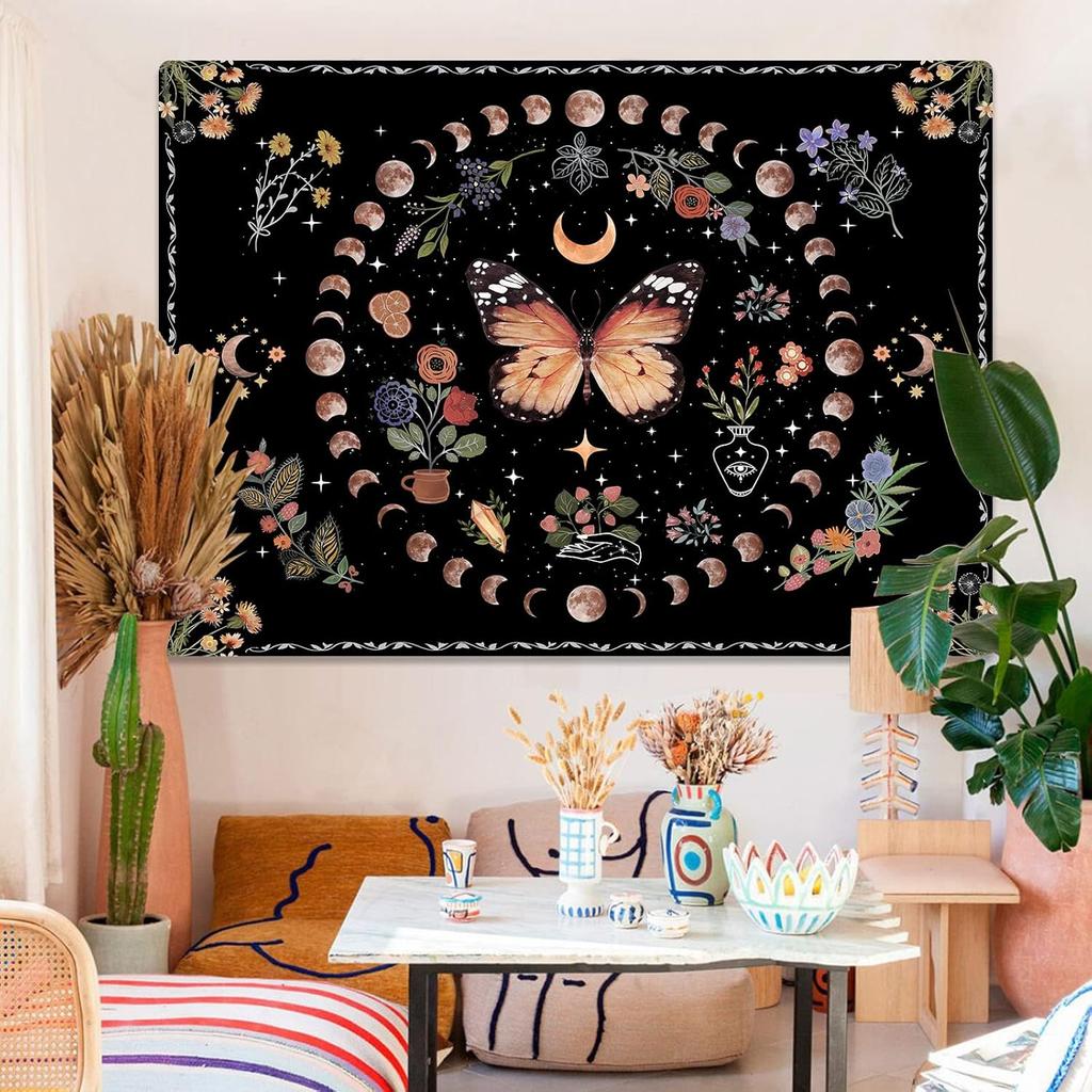 Orange Butterfly Moon Flower Tapestry Boho Floral Plant Tapestries For Bedroom Aesthetic Tapastry'S Wall Hanging Mandala