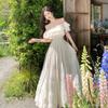 French unique super good-looking one-word shoulder waist dress women's 2026 summer design sense niche big pendulum long skirt