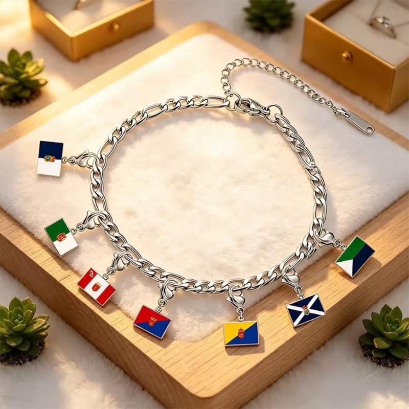 Braccialetto con Charm Bandiera in Acciaio Inossidabile con Moschettone, Gioiello Ciondolo Paese per Regalo di Viaggio Accessorio Stile