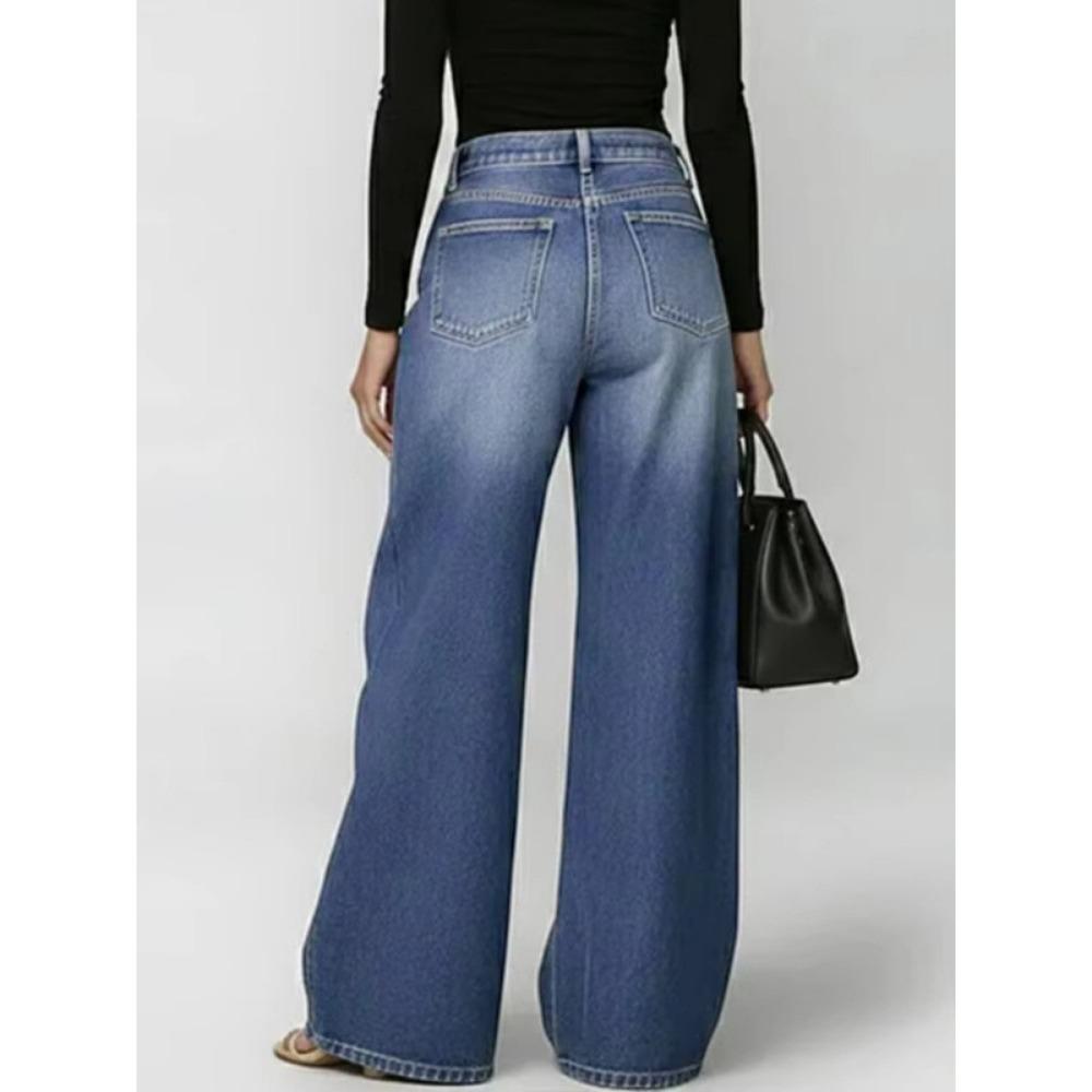 Women's High Waist Wide Leg Jeans Eyelet Cutout Denim Pants Vintage Elegant Casual Trousers