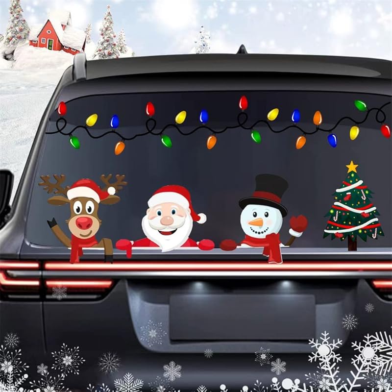 Christmas Peeking Reflective Car Decals Santa Claus Reindeer Snowman Funny Car Stickers For Auto,SUV,Truck, Refrigerator Window Indoor And Outdoor
