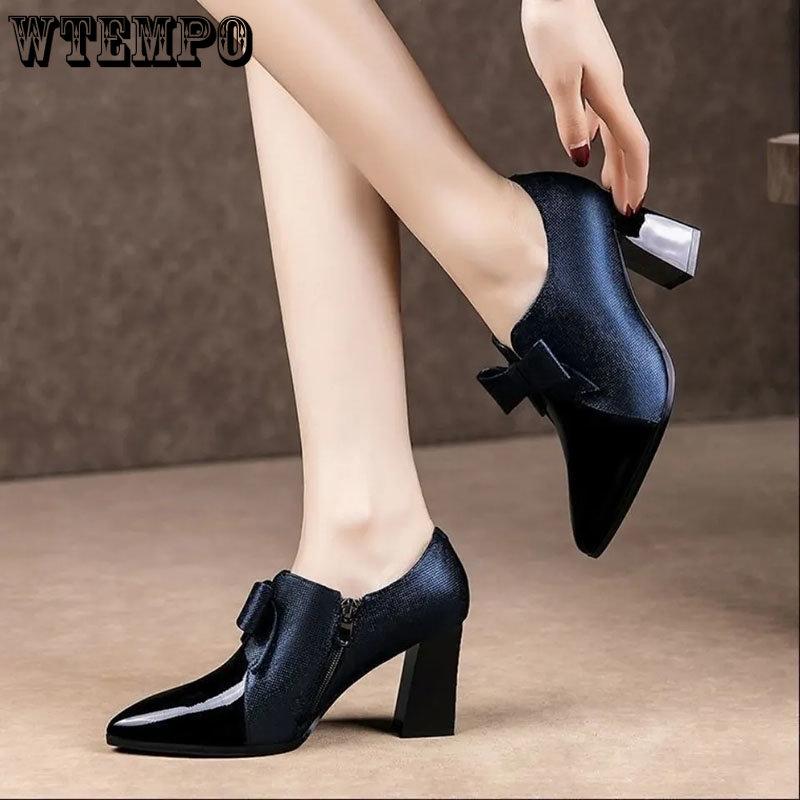 Chaussures en cuir noires à talons hauts de 4CM, bottes en cuir pointues à talon épais pour femmes, décoration papillon, chaussures de travail de tempérament et de mode