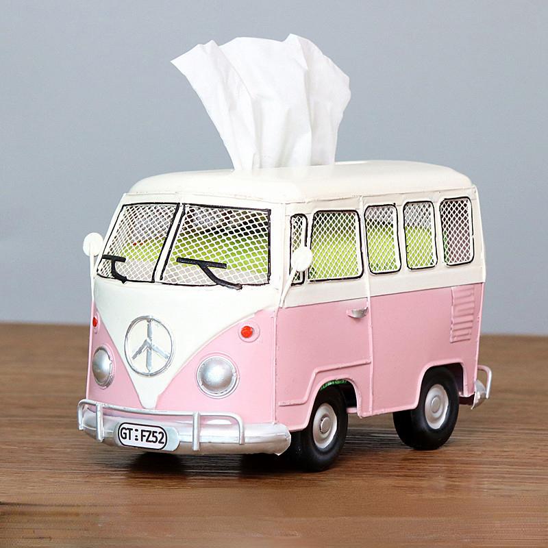 Орнамент Индустриальный стиль Творческий кованый железо Ретро Автобус Модель Тканевая коробка Чертеж Бумажная коробка Кованая железная ткань Коробка Модель Украшения розовый