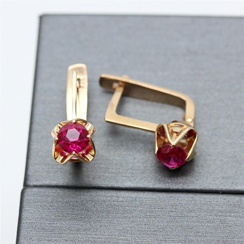 Exquisite Russian 585 Purple Gold Shiny Redstone Earrings, Simple Design, High-End Colored Gold Plated Rose Gold Ear Buckles