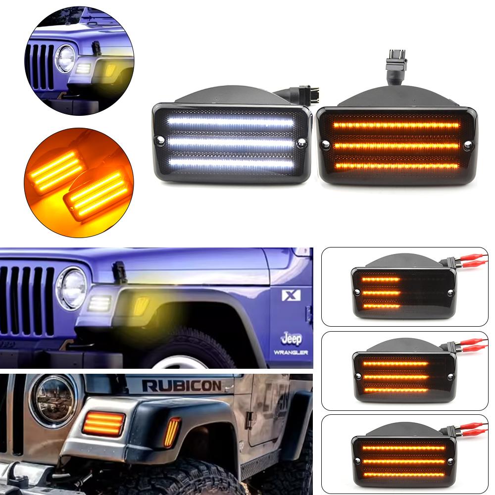 Fit For Jeep Wrangler TJ 97-06 Dynamic Amber LED Front Bumper Side Marker Lights White Parking Light Turn Signal Blinker Lamp