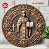 Vintage Saint Benedict Round Wooden Wall Art 8 Inch Religious Plaque with Gold Ornate Cross Floral Catholic Home Decor