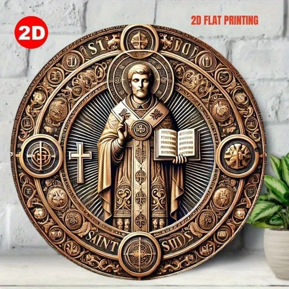 Vintage Saint Benedict Round Wooden Wall Art 8 Inch Religious Plaque with Gold Ornate Cross Floral Catholic Home Decor