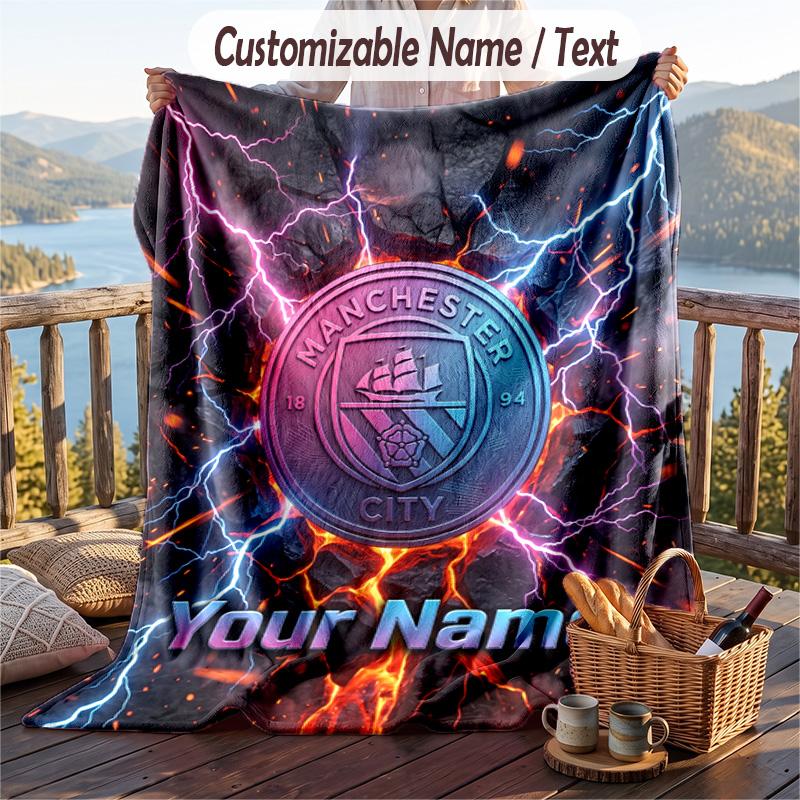 Flannel Blanket Manchester City Print Custom Name Text Soft Throw for Sofa Bed