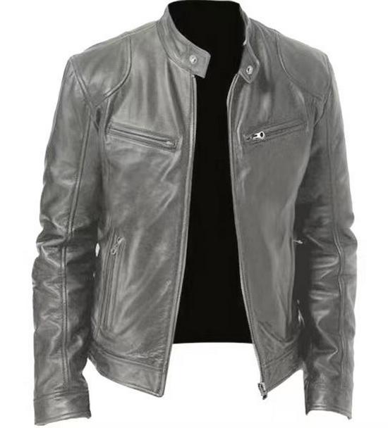 Men's European & American Stand-up Collar Punk Motorcycle Leather Jacket with Logo
