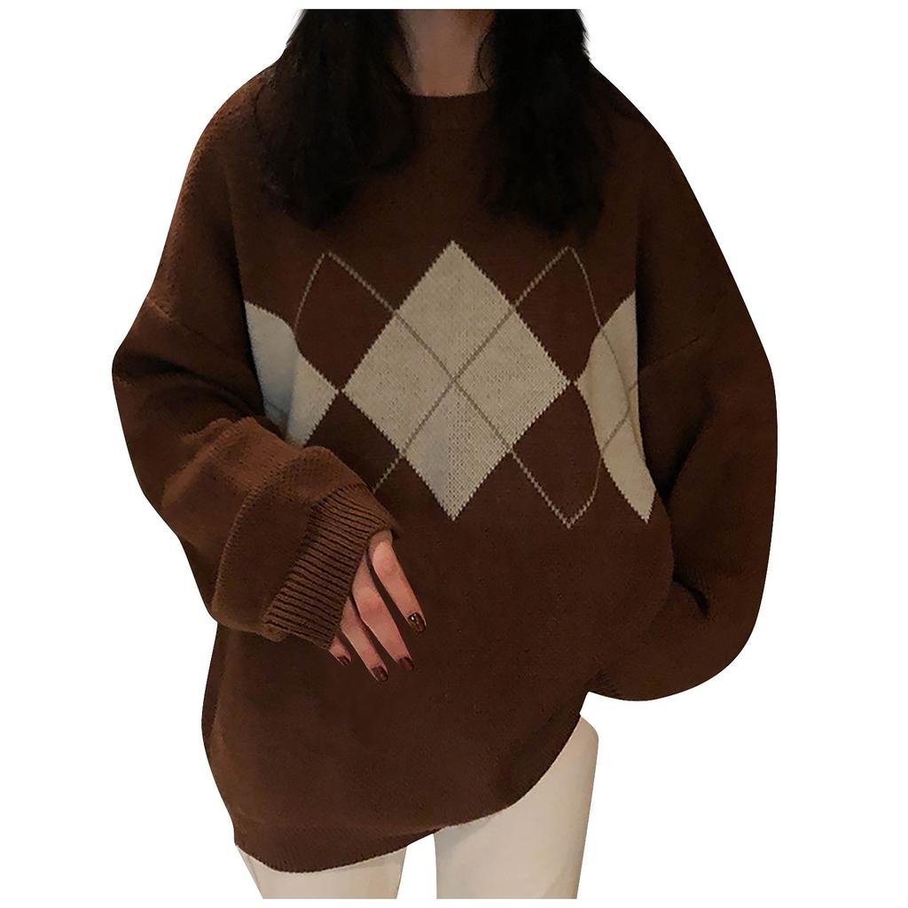 Herbst Winter Innenhof Stil Geometrisches Muster Lose Rundhals Strick Pullover